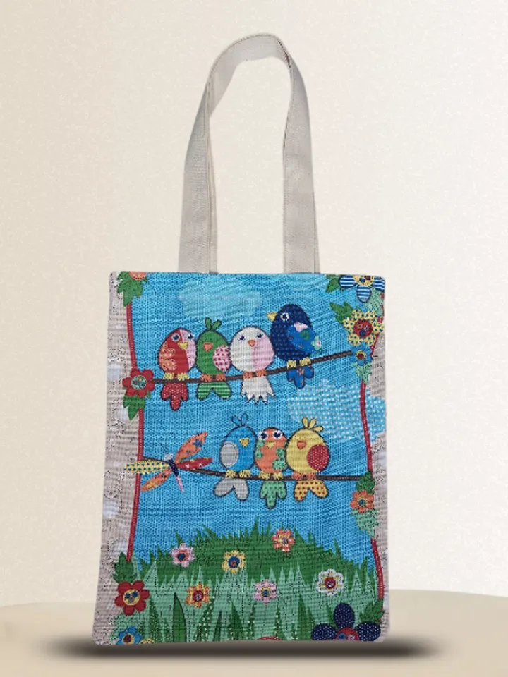 Strong reusable beige tote bag, eco friendly, cotton canvas bag with birds