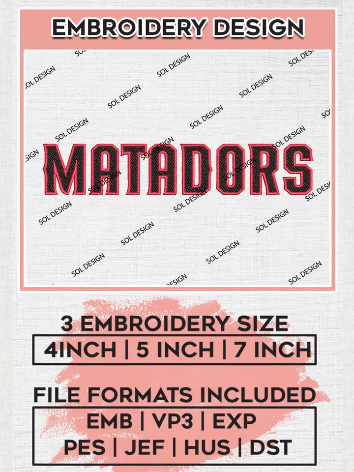 NCAA Matadors Team Logo Embroidery Design Files, NCAA Cal State Northridge Matadors Machine Embroidery, NCAA Teams, Game Day, 3 sizes, NCAA Machine embroidery designs, Digital Download
