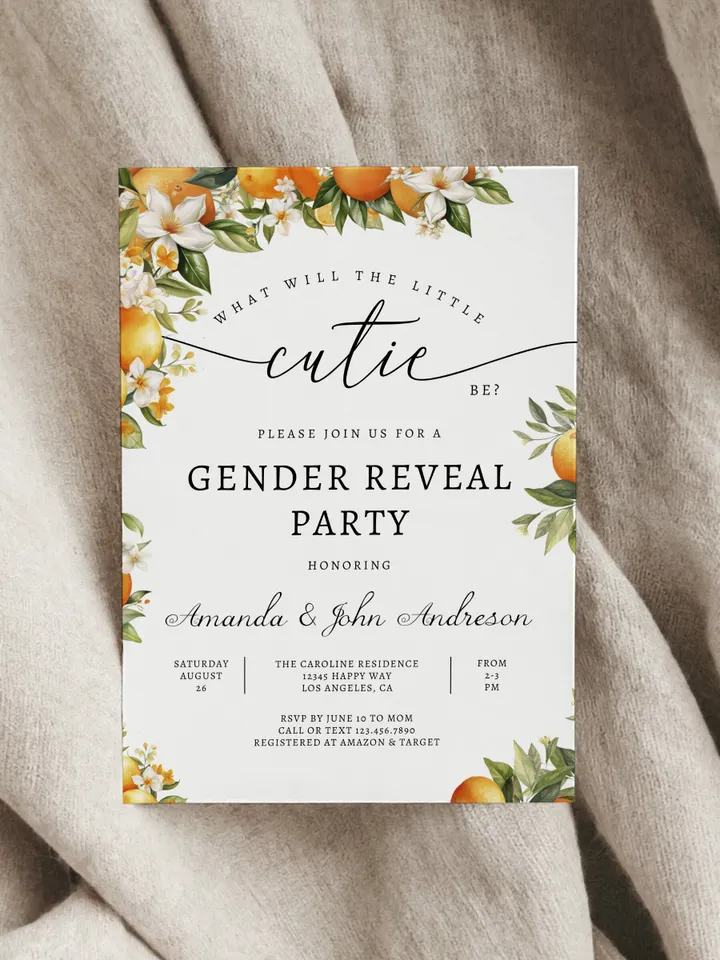 Editable Orange Gender Reveal Party Invitation A Little Cutie is on the Way Citrus Gender Reveal Invites Template Instant Download - I104