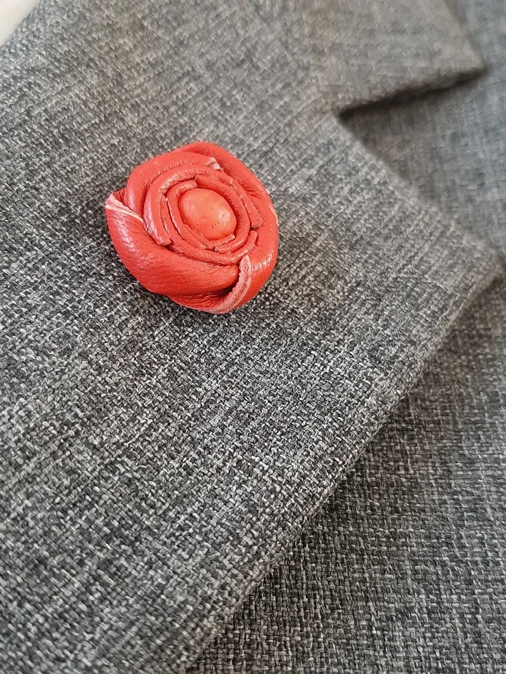 Red rose men's lapel pin Leather boutonniere for him, minimalist pin