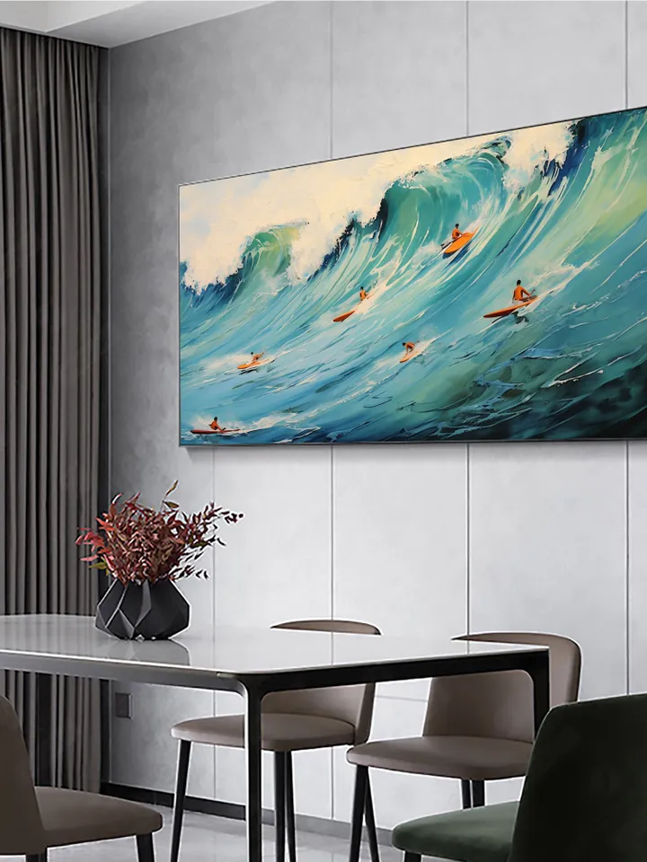 Original Surf Painting on Canvas, Custom Painting, Large Wall Art Personalized Gift, Blue Ocean Waves Nature Scenery Art, Bedroom Wall Decor