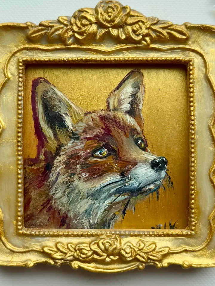 Fox Oil Painting Original In Vintage Style Frame Small Framed Animals Wildlife Art