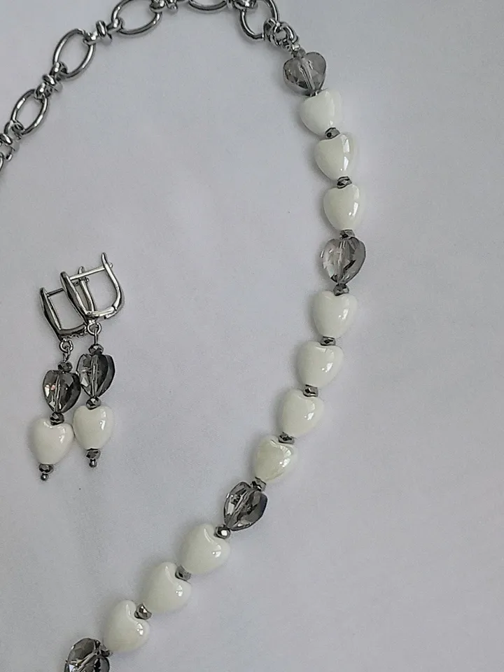 Heart necklace and earrings set silver white, statement necklace with leaf, heart love earrings, leaf pendant silver