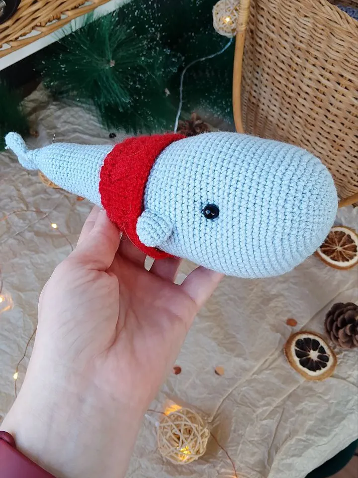 Stuffed blue whale toy for nursery decor. Soft toy made of cotton yarn blue whale. Gift for a boat trip lover.