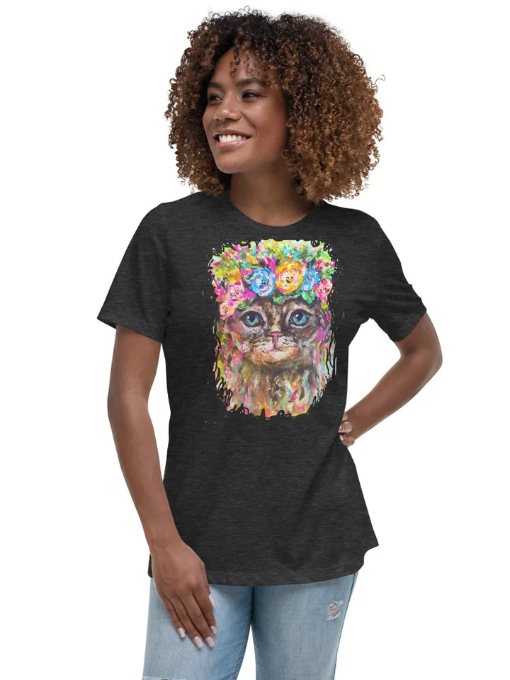Cat in flowers Women's Relaxed T-Shirt made with my original watercolour mix media painting