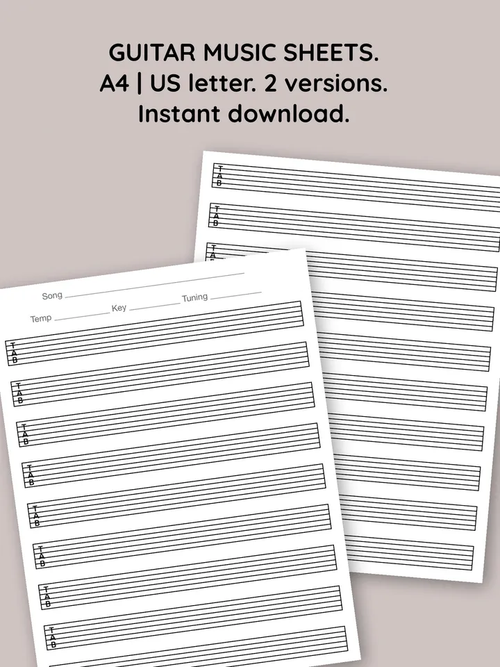 Printable guitar tab paper. Blank guitar tab printable. Guitar tablature paper. Blank guitar music sheet with TAB clef