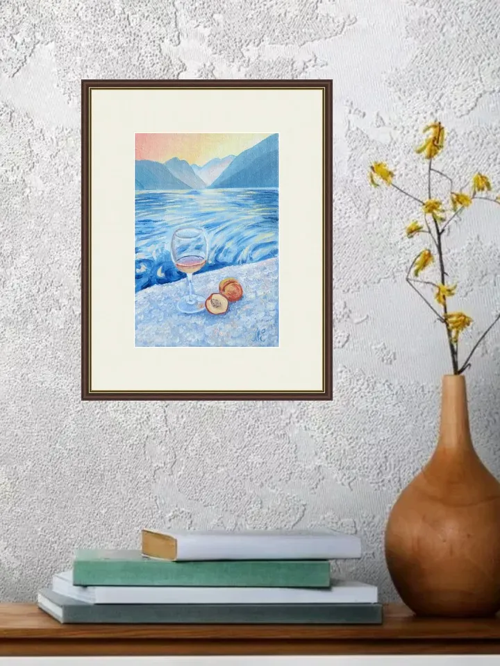 Original Mini Oil Painting Wine Glass at Sunset by the Lake Artwork Peaceful Lake Sunset with Hand-Painted Mini Oil Art