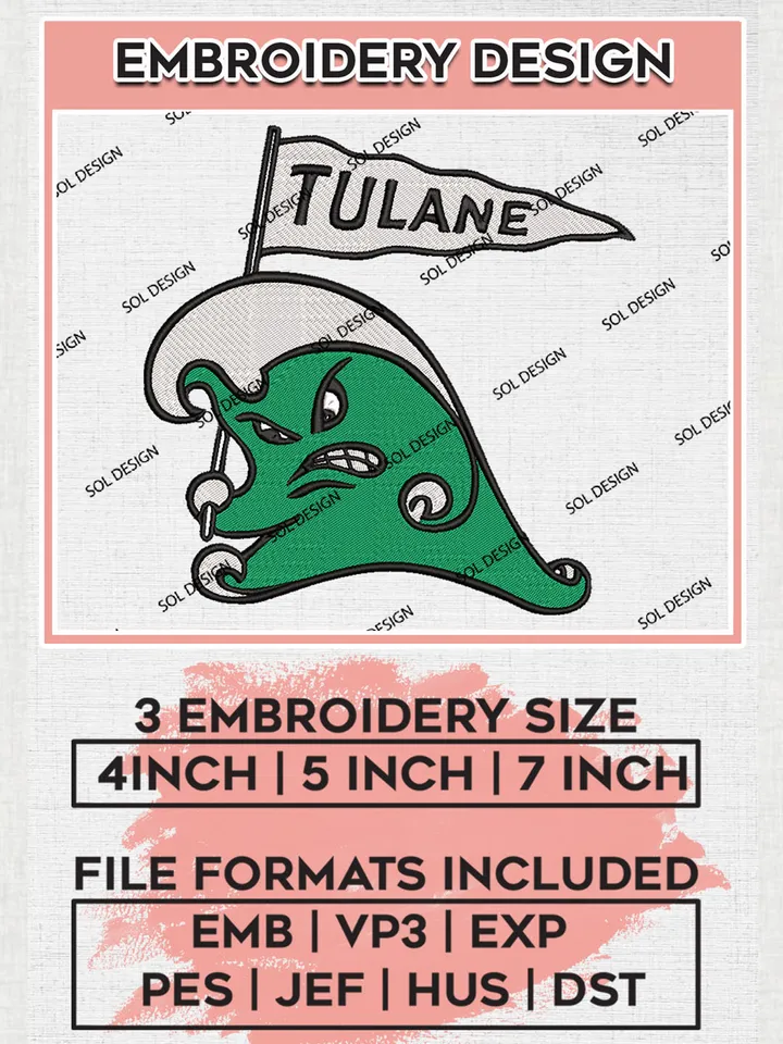 NCAA Tulane Green Wave Team Mascot Logo Embroidery Design Files, NCAA Tulane Green Wave Machine Embroidery, NCAA Teams, 3 sizes, NCAA Machine embroidery designs, Digital Download