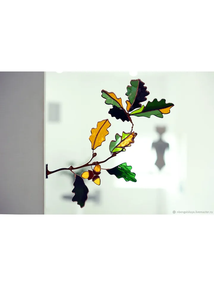Stained Glass: Oak Twig. Tiffany Technique, Oak Branch. Tiffany-Style Stained Glass, Tiffany Stained Glass: Oak Leaf Branch, Tiffany-Style Stained Glass Oak Branch, Oak Twig in Tiffany-Style Stained Glass, Tiffany Stained Glass Oak Branch Design