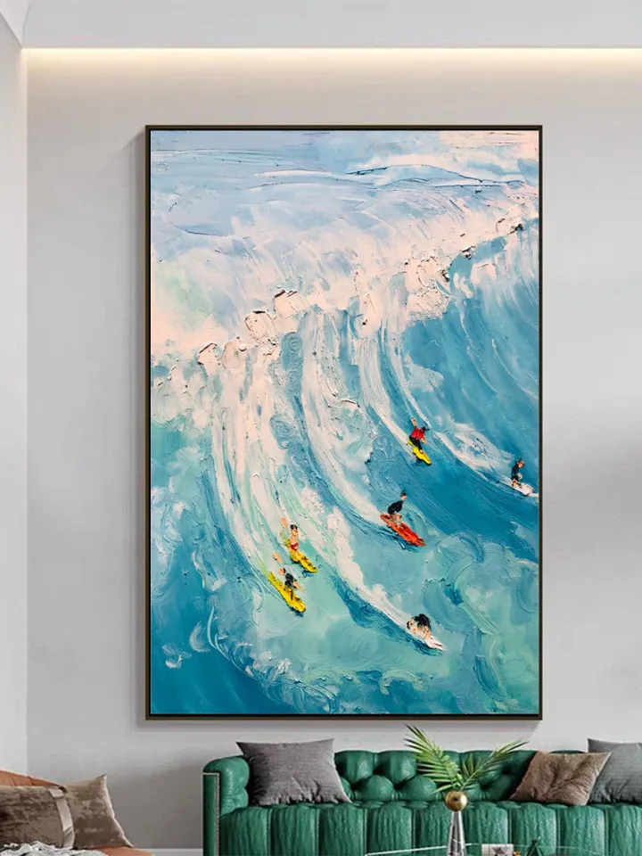 Original Surf Painting on Canvas Custom Painting Texture Wall Art Personalized Gift Blue Ocean Waves Nature Scenery Art Bedroom Wall Decor