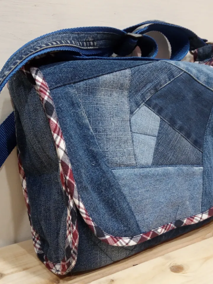 Denim original bag with a flap in the style of crazy patchwork made of eco-friendly material handmade