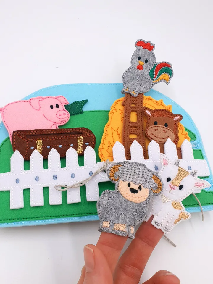 Farm Quiet Book ITH Embroidery Design Set, Felt Activity Book Pattern with Finger Puppets, Educational Farm Toy 5x7 Hoop