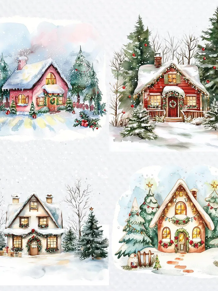 20 Christmas House PNG Bundle, Christmas Card Clip Art, Printable Watercolor Winter House clipart for sublimation, Paper craft, junk journal