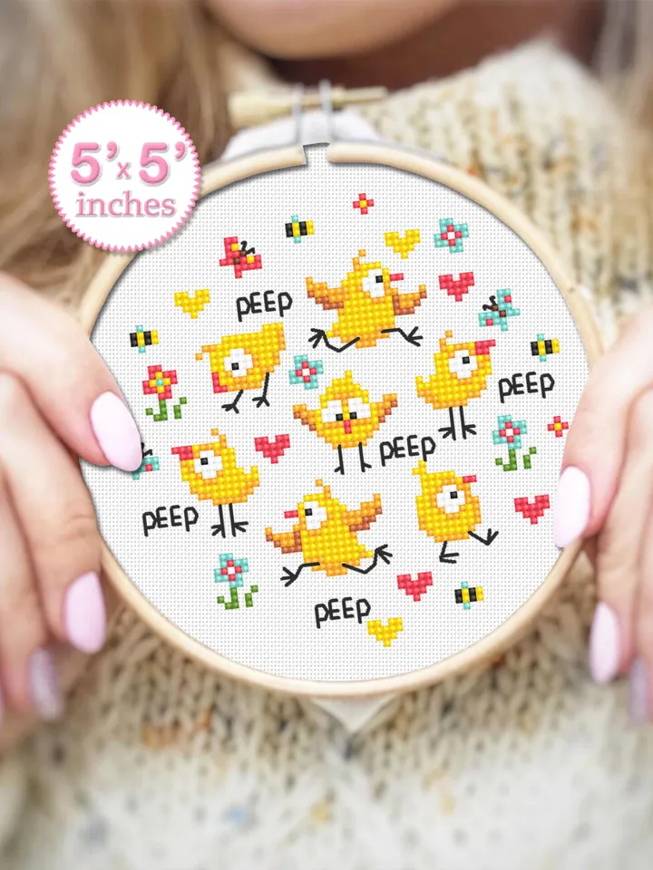 Cute chickens cross stitch pattern PDF download Small bird cross stitch chart, Chicken pattern digital PDF, Easter chicks sampler mini #K63