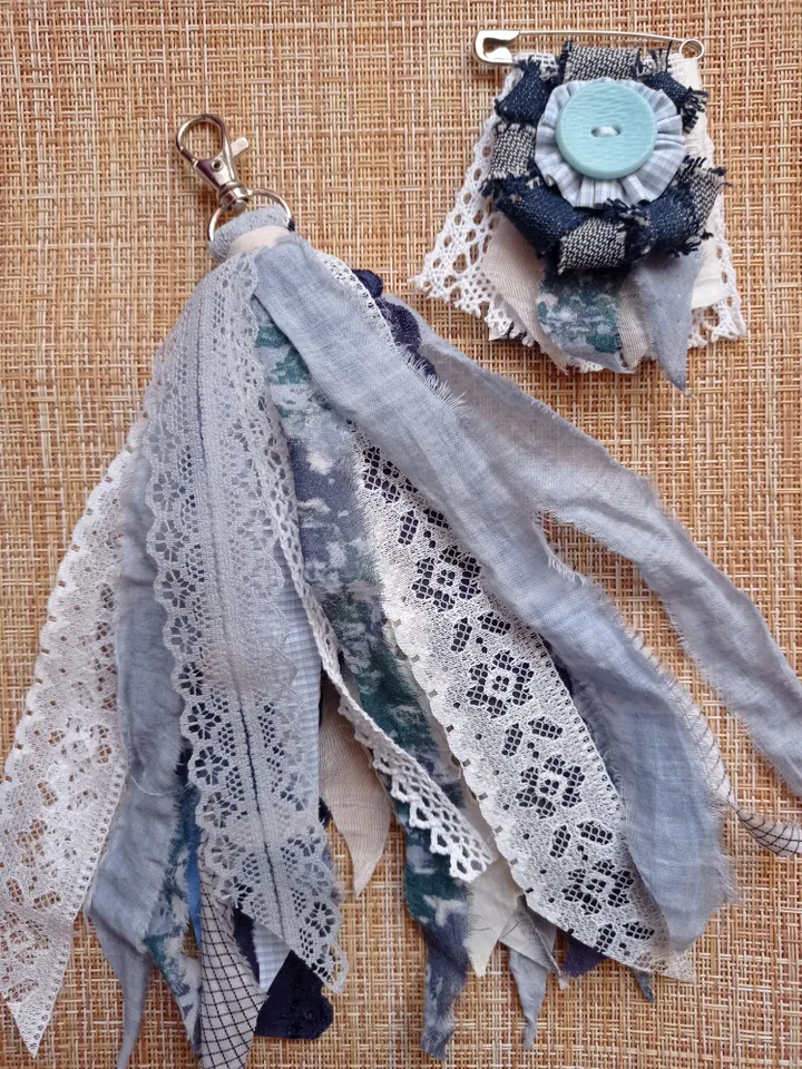 Blue brooch and keychain made of ribbons and boho fabric set