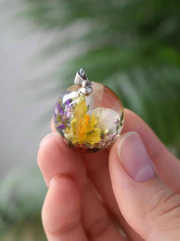 Real snowdrop necklace. Sphere with real flowers. Spring pendant.