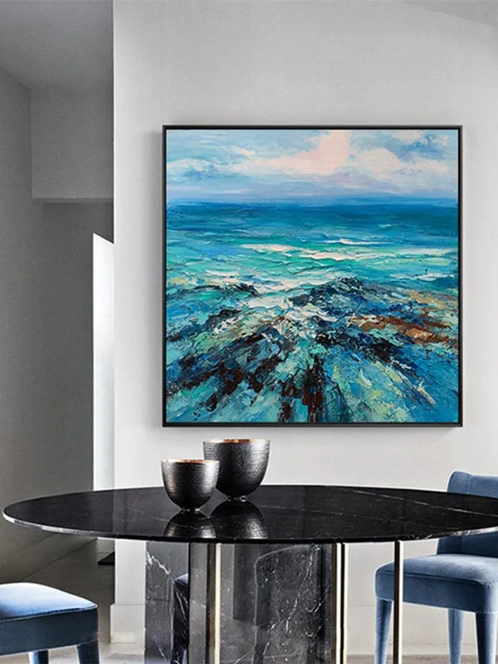 Blue Mediterranean Sea Landscape Oil Painting on Canvas, Abstract Crystal-clear Ocean Acrylic Painting, Large Heavy Textured Wall Art Decor