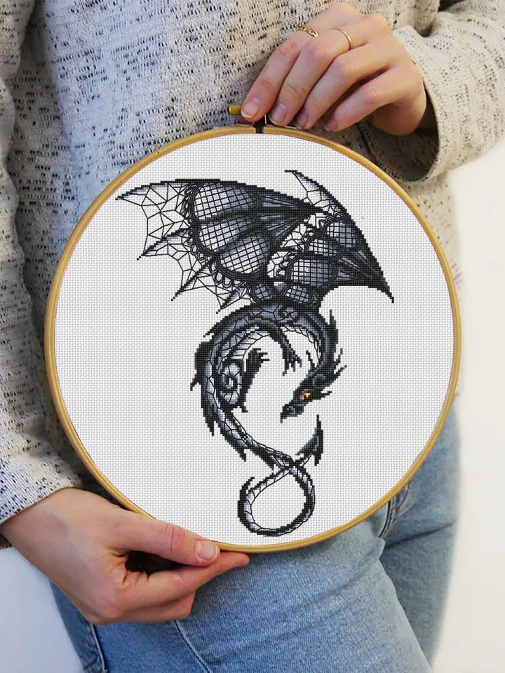 Dragon cross stitch pattern download PDF Fantasy animal cross stitch chart, Blackwork patterns Dragon embroidery PDF, Gothic home decor #D12