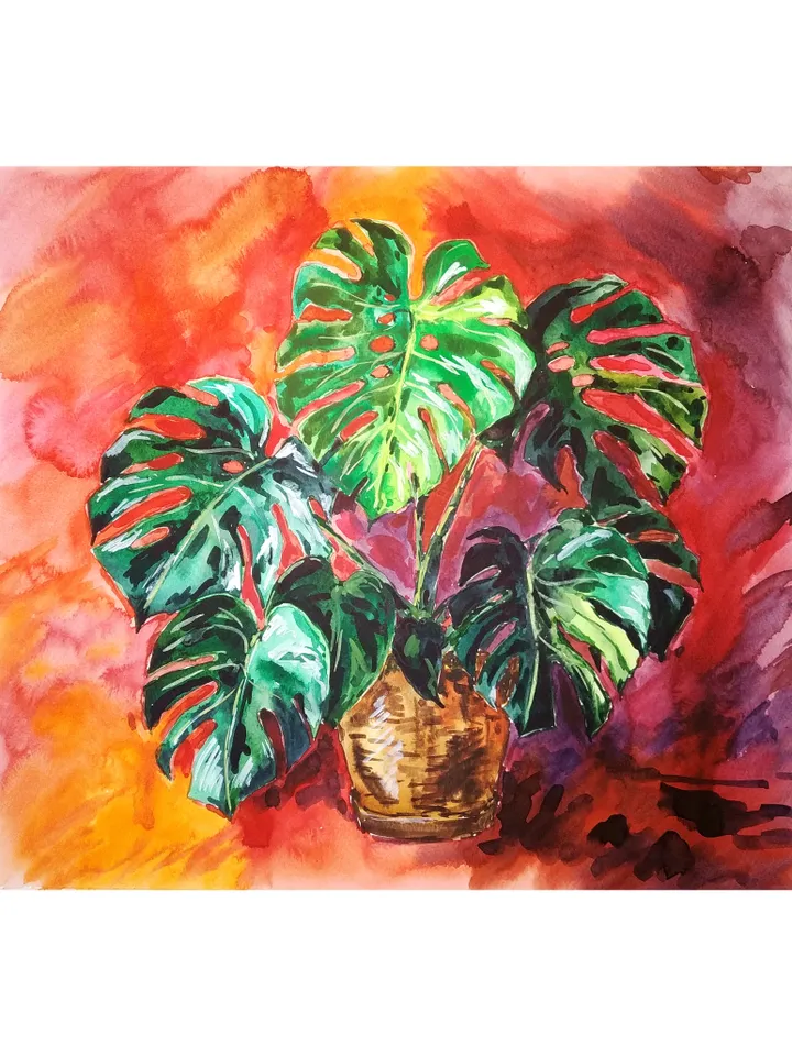 Monstera Painting Floral Original Art Flower Wall Art Watercolor Painting Above Sofa Art 13 by 14.5 by TatianaArtShop