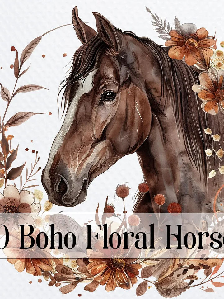 20 Floral Horses Clipart in Brown Boho Floral, Printable Watercolor clipart, Watercolor Boho Brown Horse Sublimation design, junk journals,