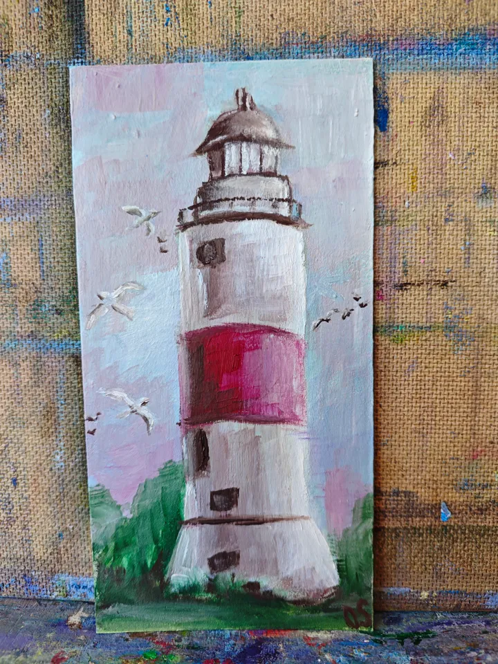 Lighthouse Original Painting Old Lighthouse Original Art Lighthouse Modern Artwork Old Lighthouse Wall Decor 4x8 inches by OlgaSokolovaArt