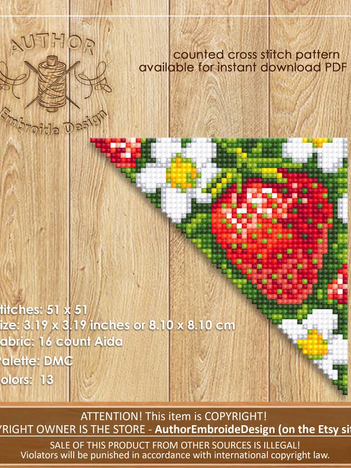 Corner bookmark cross stitch pattern PDF download Red berries cross stitch chart, Strawberry cross stitch, Digital bookmark fruit #B185