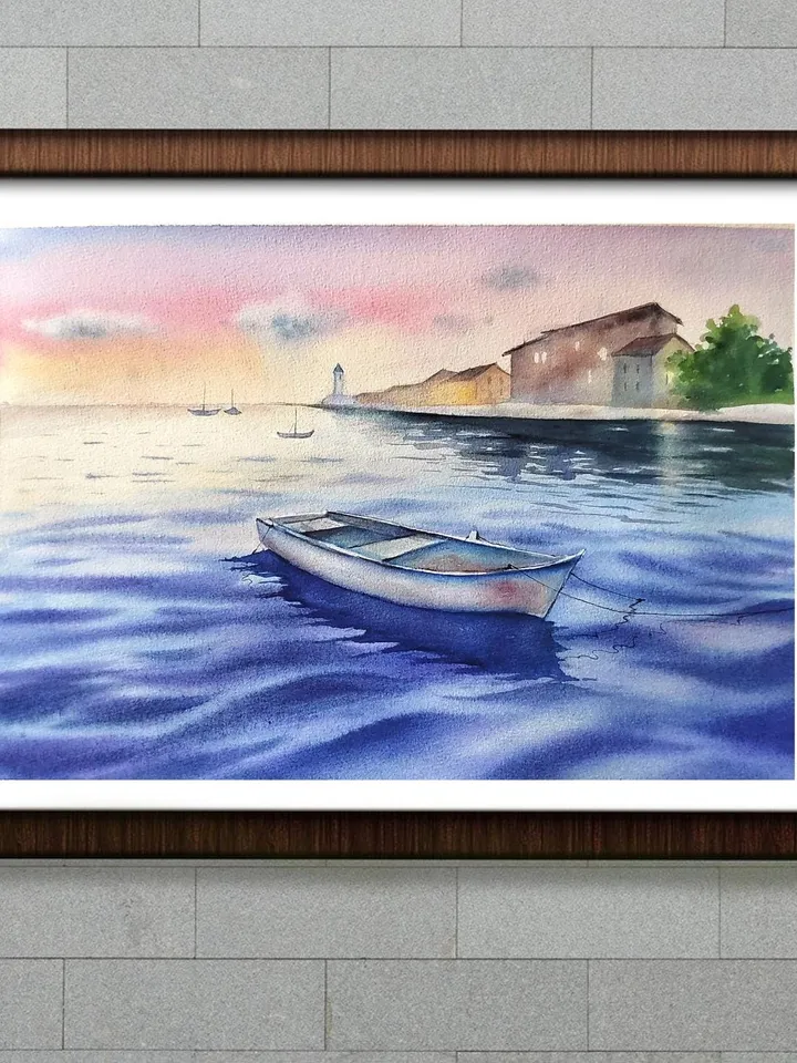 Sea Landsape Painting Original Watercolor Art Sea Sunset in Watercolor 10.62x15.35 in by Art Café