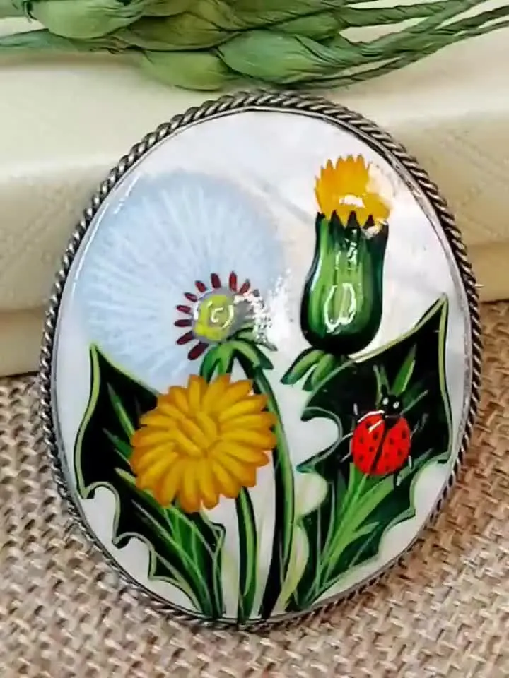 Brooches for women: Blowing dandelion with a ladybug on the leaf, miraculous rustic flower brooch, handmade mother of pearl jewelry pin