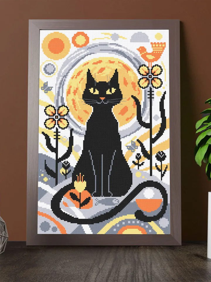 Boho cat cross stitch pattern PDF download Boho cross stitch chart, Abstract pattern digital PDF, Black cat embroidery, Boho wall decor #K23