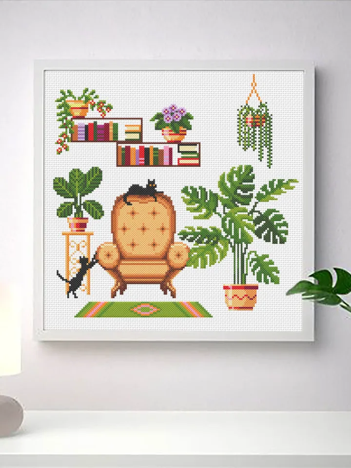 Plant cross stitch pattern download PDF Monstera cross stitch, Potted plants pattern digital PDF, Floral cross stitch, Home sweet home #P25