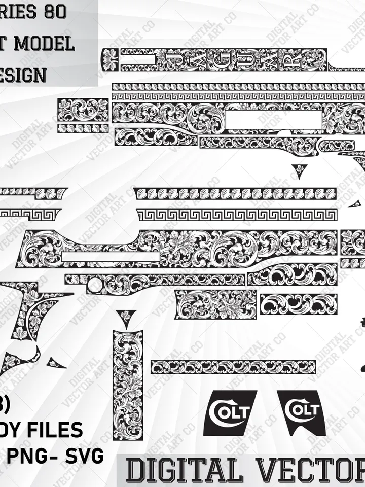 Colt mk Series 80 Government Model Scroll Design.colt1911 engraving design,svg grips,svg,laser cut files,Jaguar Vector Art,Illustrations svg