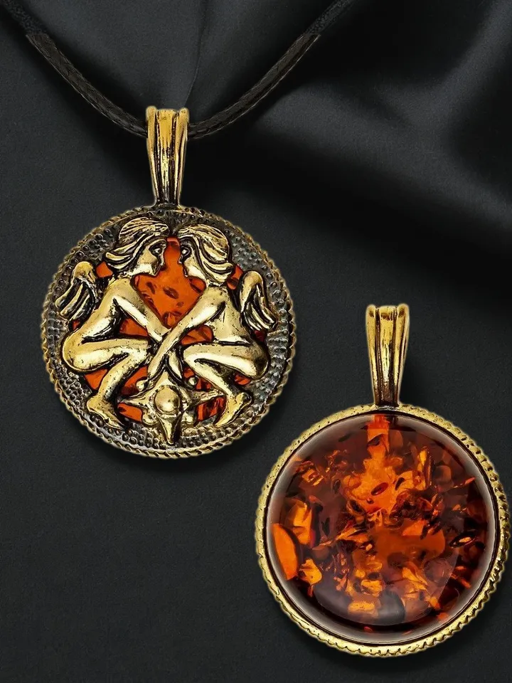 Twins Necklace Men and Women Zodiac Sign Amulet Pendant Round Locket Necklace Gold Black Brass Twins Amber jewelry Gemini gift for holiday birthday christmas jewelry