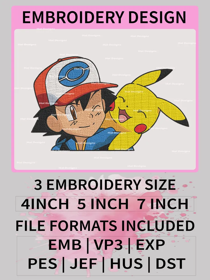 Pokemon Ash Ketchum & Pikachu Embroidery Design, Pokemon Dmbroidery, Anime Design, Embroidery file, Digital download