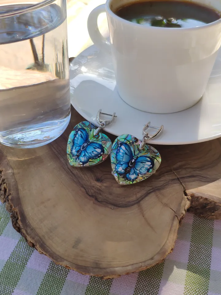 Pearl earrings: Dainty Butterfly Earrings dangle hand painted on Mother of Haliotis pearl • Heart shaped cute Art earrings for elegant women
