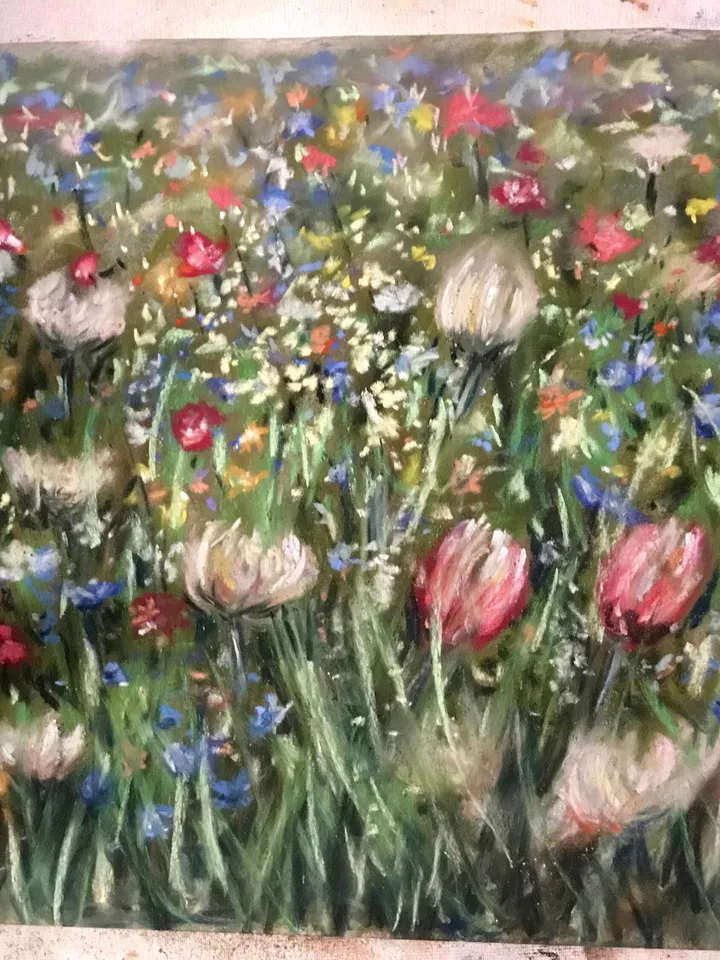 Flower fields,original soft pastel painting on pastelmat,colourful wall art