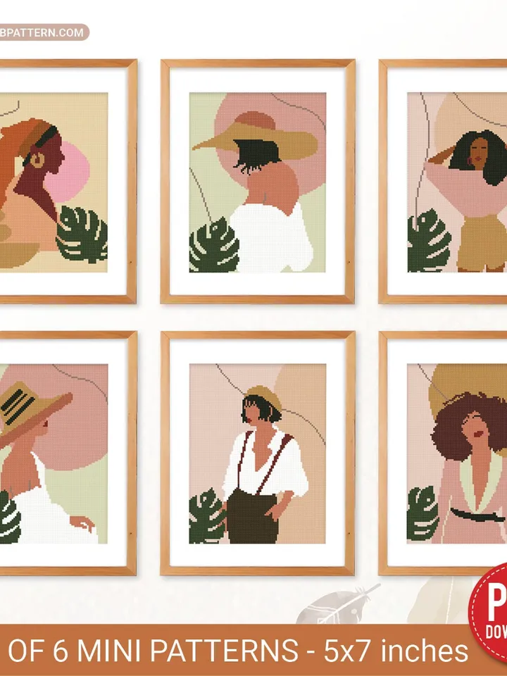 Bundle of 6 woman boho style cross stitch pattern, Floral, nature, girl home decor counted chart gift DIY embroidery beginner instant PDF