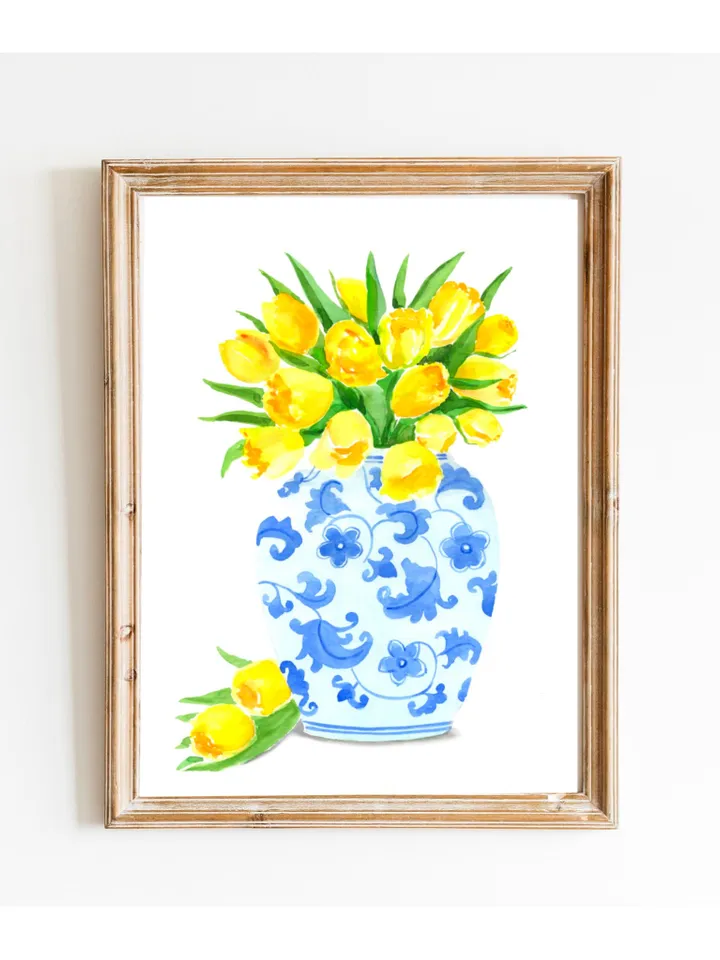 Chinoiserie Vase And Yellow Tulips, Blue White Ginger Jar, Flower Vase Painting, Vintage Chinoiserie, Ginger Vase, Apartment Decor, Print