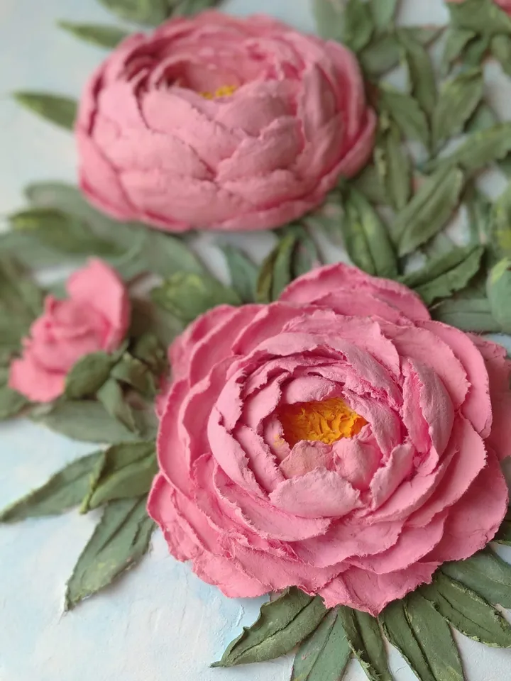 Oval painting with coral peonies Peonies painting Floral painting 3D Peony wall art Mother's Day gift