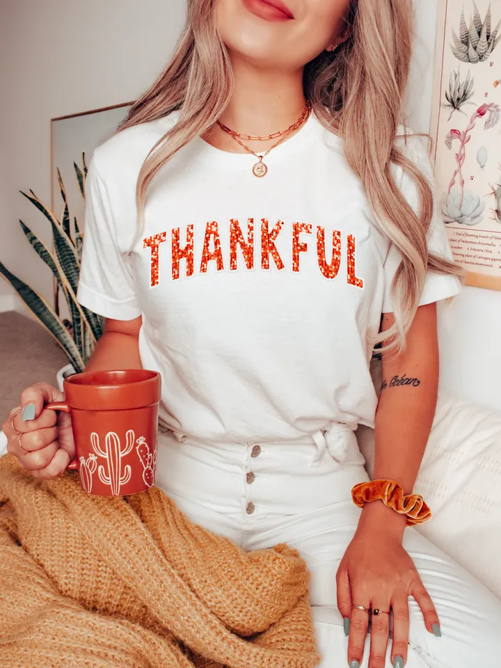 Thankful PNG Thanksgiving Faux Glitter Sequins Embroidery Letters PNG Thanksgiving PNG, Varsity Design, Fall Sublimation, Autumn Png Trendy