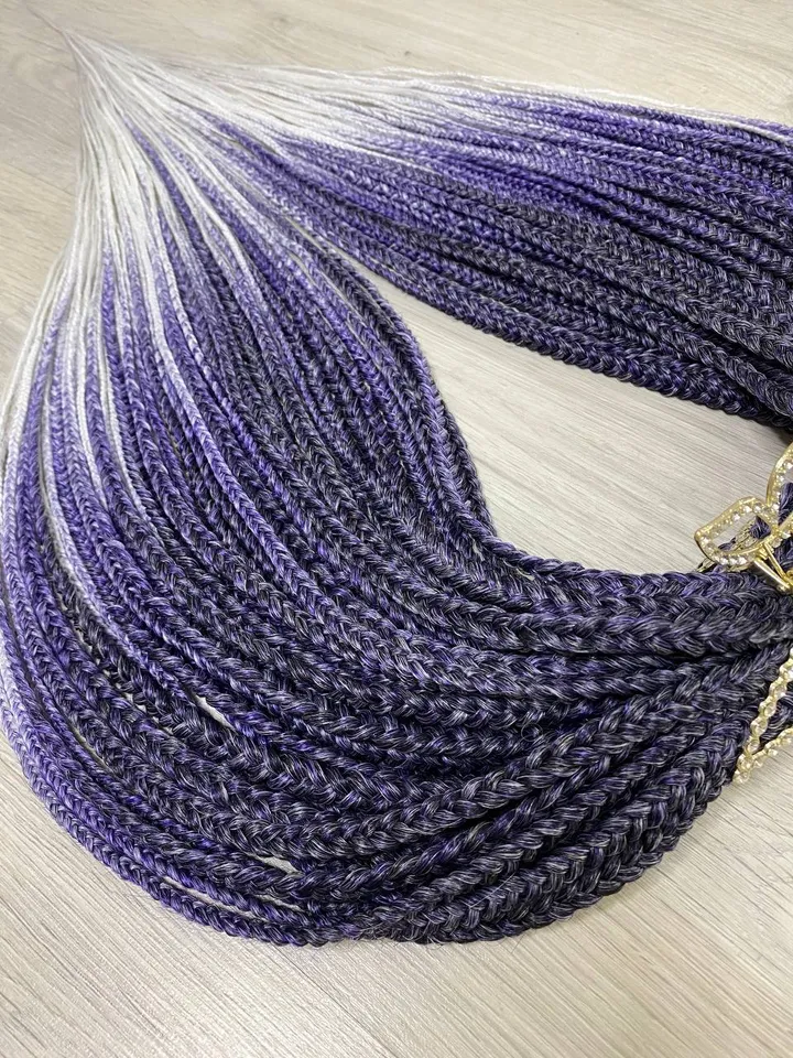 Purple braids hair extensions. Ombre synthetic Braids violet to white. DE braids full set.