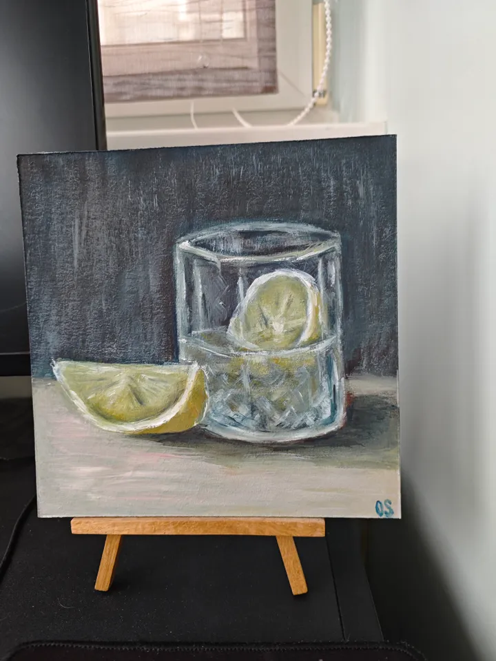 Lemon And Glass Original Painting Fruit Original Art Lemon In Glass Modern Artwork Piece Of Lemon And Glass Oil Painting Fruit Wall Art Decor 8 x 8 inches by OlgaSokolovaArt