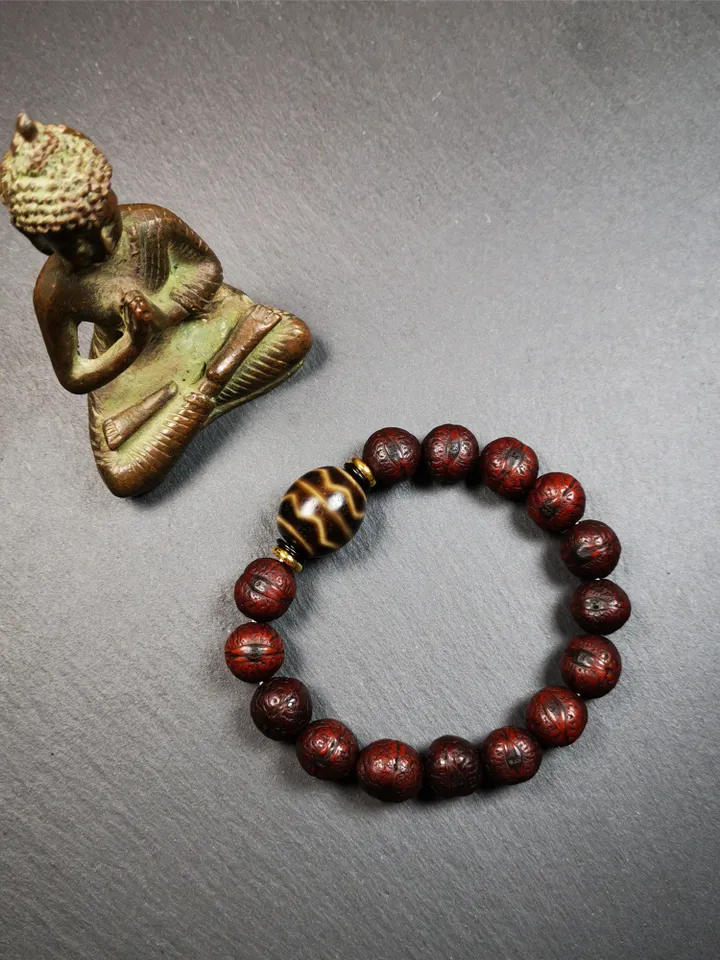 Gandhanra Unique Tibetan Dalo Dzi Bead Bracelet(30 Years Old), Fortune Wave Dzi with Old Bodhi Beads,Fit for 15-19cm Wrist