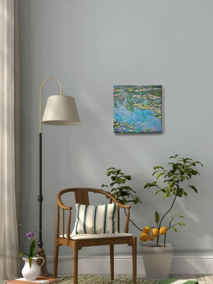 Painting "Water Lilies in a Pond" Oil Canvas on a stretcher 12 by 12 inches Flowers Painting Oil Impasto Palette Knife Artist Fedorova Natalia