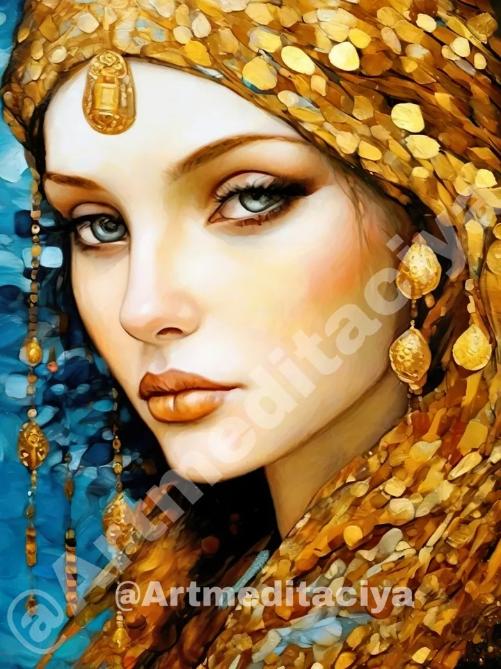 Digital abstract textural modern painting "Slavyanka with gray-green eyes in a gold textured ethnic cape" on an abstract blue-blue background in the style of pasty painting