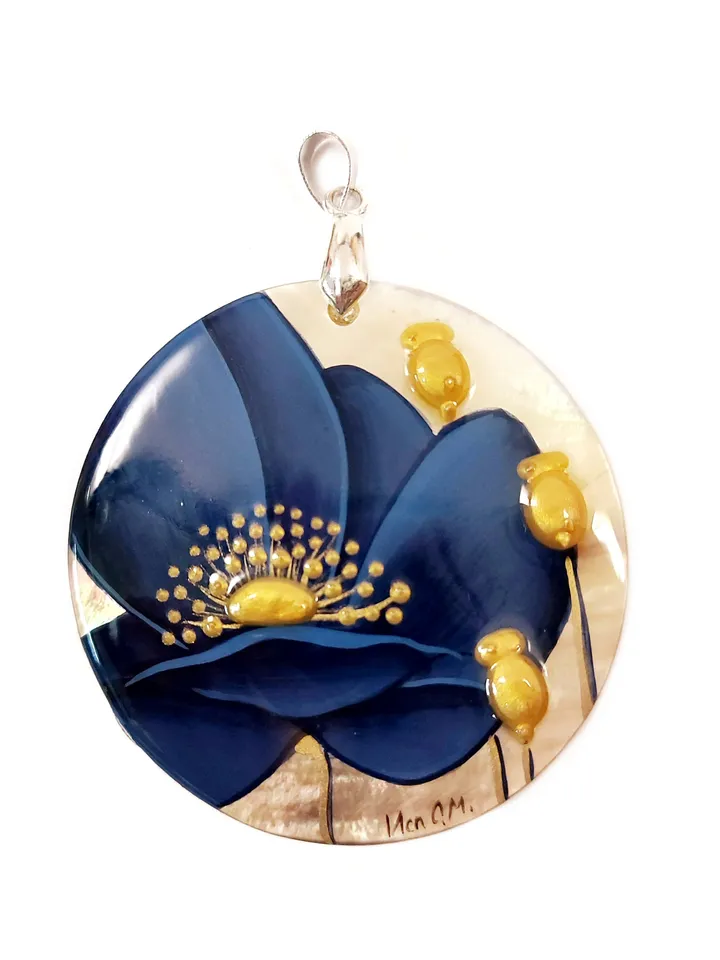 Pearl pendant necklace: An unusual blue poppy. Author's work. Painting. Jeweller ornament. Hand paint necklace pendant.