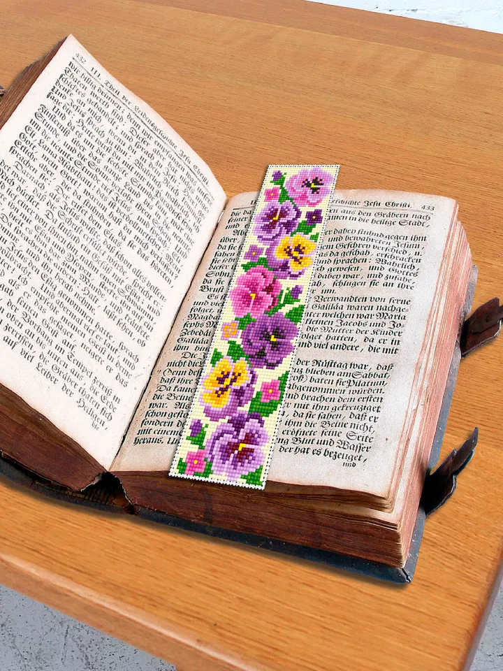 Flower bookmark cross stitch pattern PDF download Handmade bookmark digital PDF, Spring floral cross stitch chart Violet Pansy pattern #B207