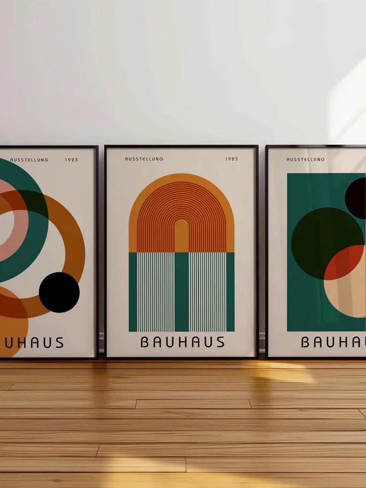 Bauhaus Set of 3 Prints, Vintage Mid Century Modern Posters, Retro Geometric Gallery Wall Set, Minimalist Trendy Wall Decor Digital Download
