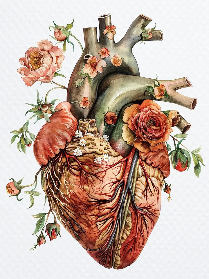 10 Floral Human Heart PNG Clipart, Printable Watercolor Anatomical Heart clipart for sublimation, Digital download, Paper craft, journals