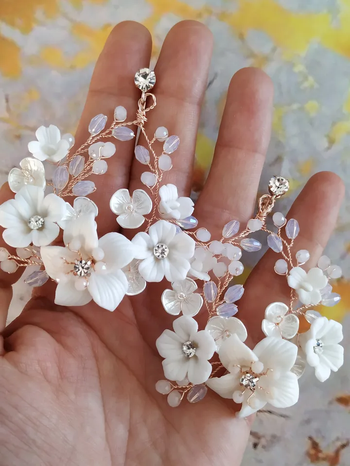 Porcelain Flowers Wedding Earrings Boho Wedding Earrings Rose Gold Hoop Chandelier Earrings Opal Crystal Long Bohemian Boho Bridal Earrings