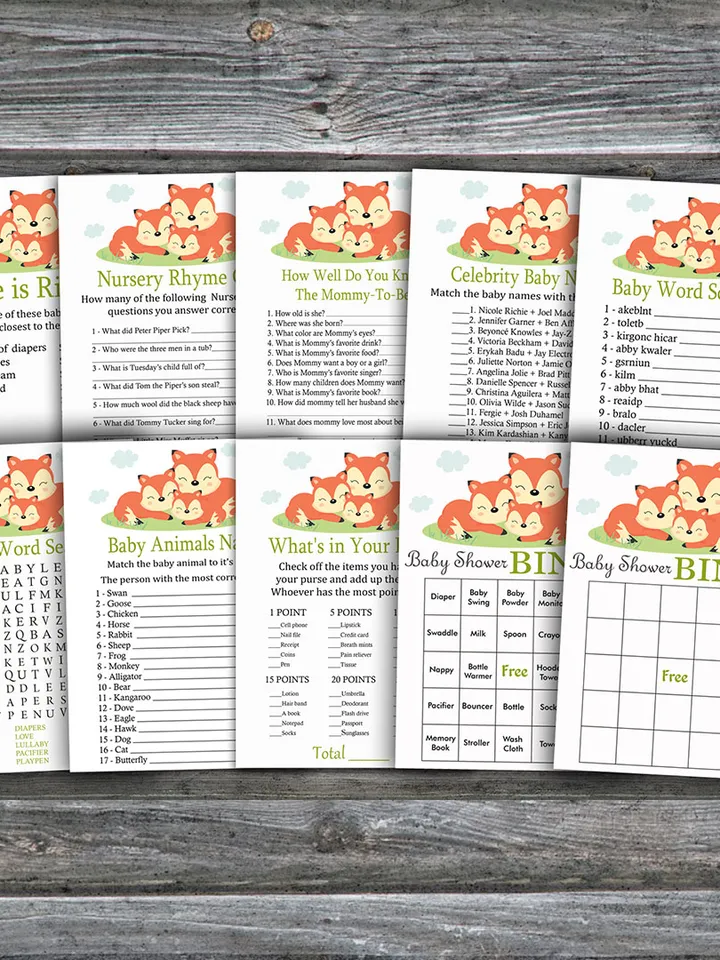 Sleeping Fox baby shower games bundle,Woodland Baby Shower games package,Fun Baby Shower Games,9 Printable Games-294